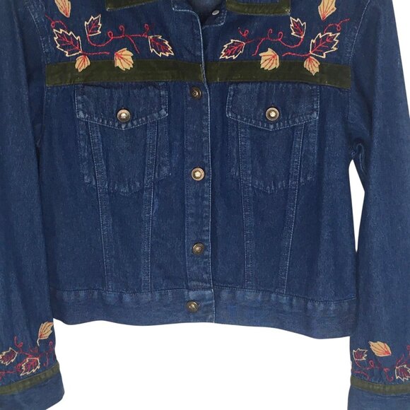 Rebecca Malone Denim Jacket Womens Small Blue Embroidered Leaves Velvet Trim - Picture 4 of 14